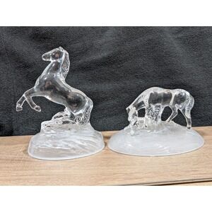 Horse Figurines Pair Vintage Crystal D'Arques Art Glass Rearing Mare Foal Lot 2